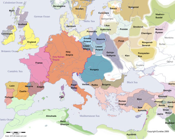 Mapa da Europa no incio do sculo XIII