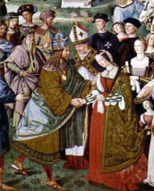 O bispo Eneias Slvio entre a infanta D. Leonor e o imperador Frederico III